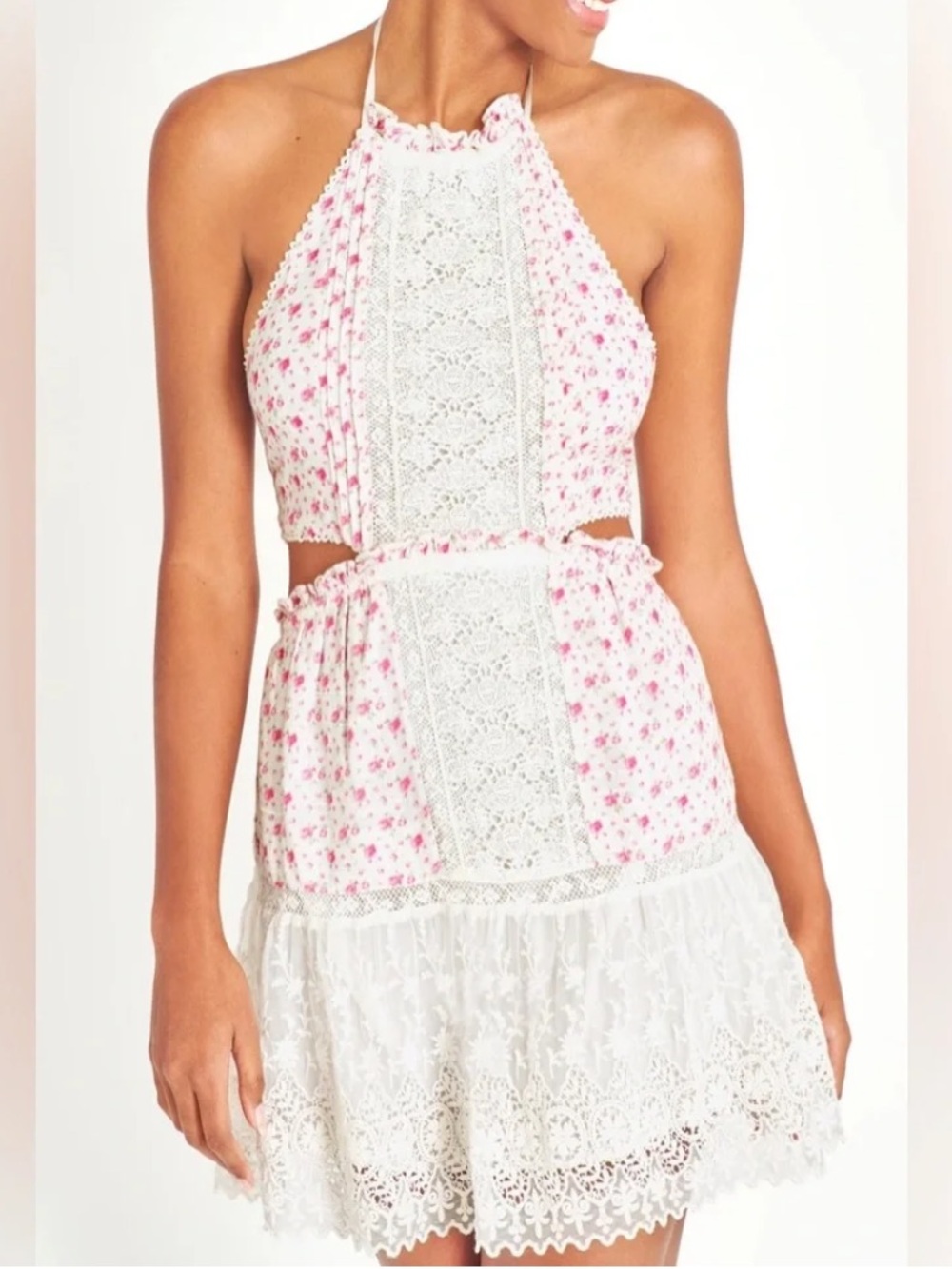 NWT LoveShackFancy Kesia Floral Lace Halter Mini Dress in  Poppy Pink